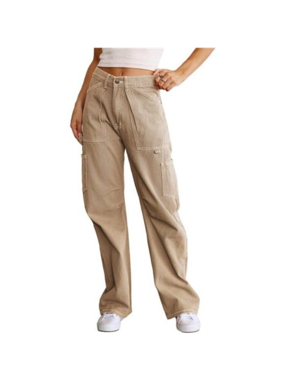 Women 6 Pockets High Waisted Cargo Pants Wide Leg Casual Trouser Pants, Khaki